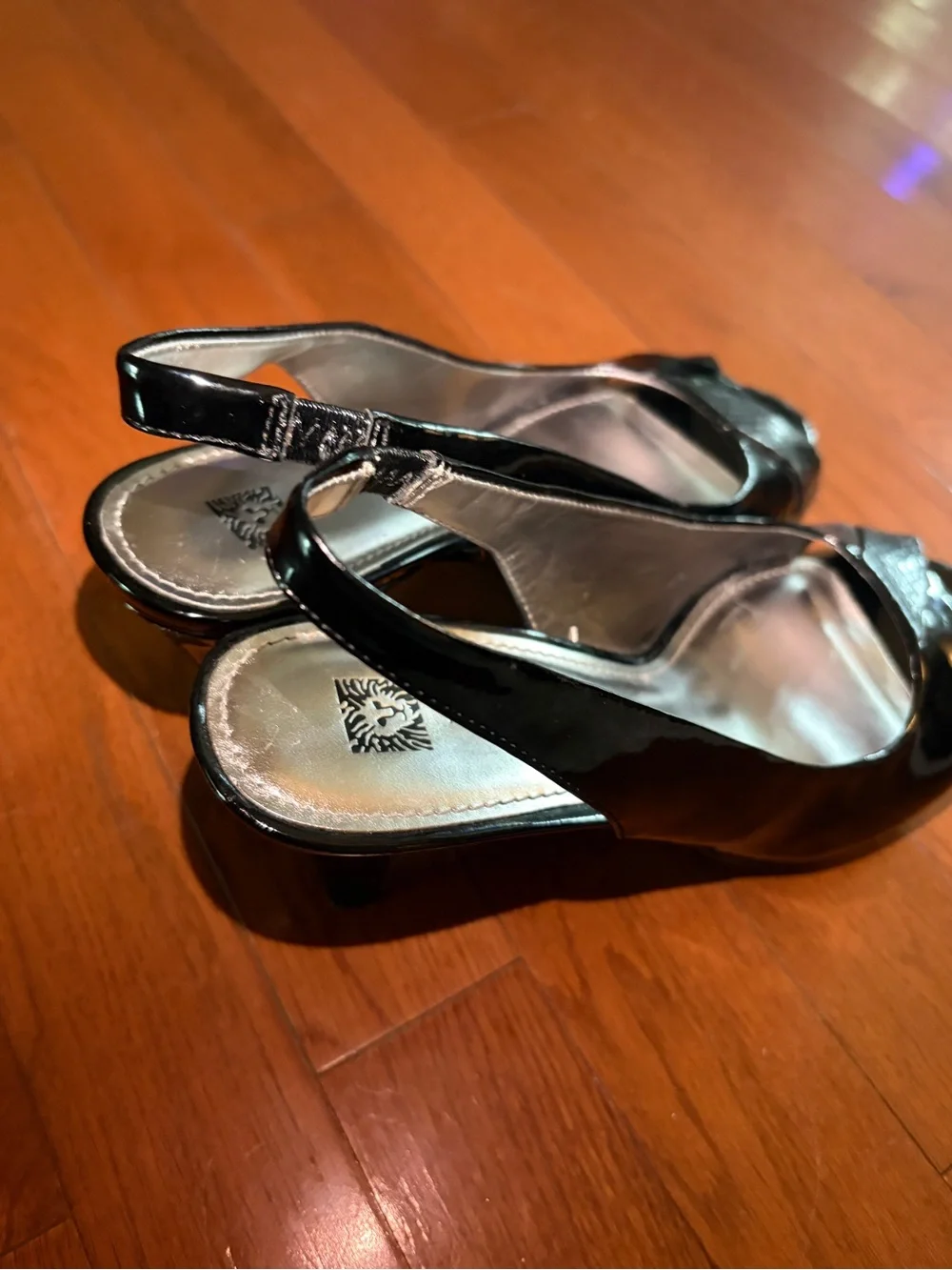 Anne Klein Black Patent Peep-Toe Slingback Heels